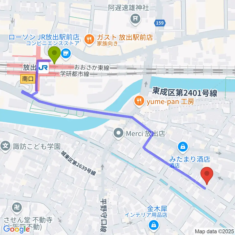 政田由紀ピアノ教室の最寄駅放出駅からの徒歩ルート（約6分）地図