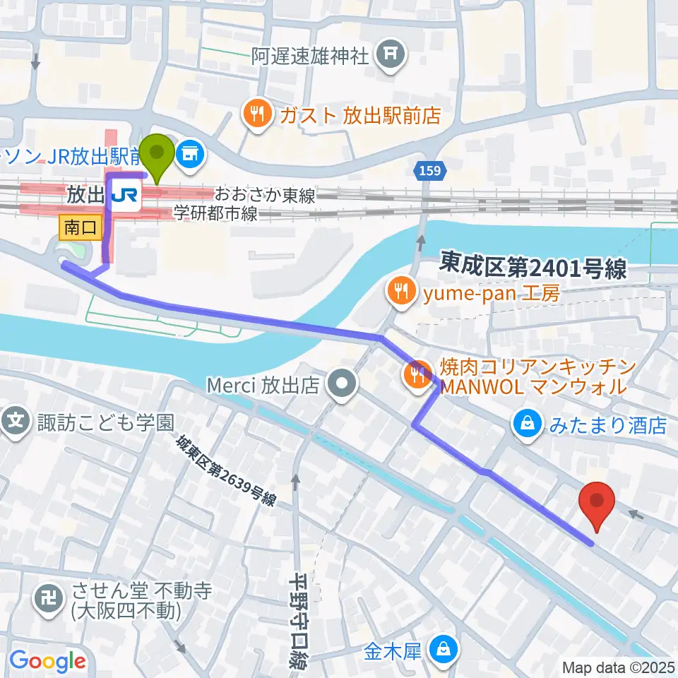 政田由紀ピアノ教室の最寄駅放出駅からの徒歩ルート（約6分）地図
