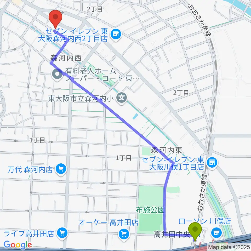 高井田中央駅から政田由紀ピアノ教室へのルートマップ地図