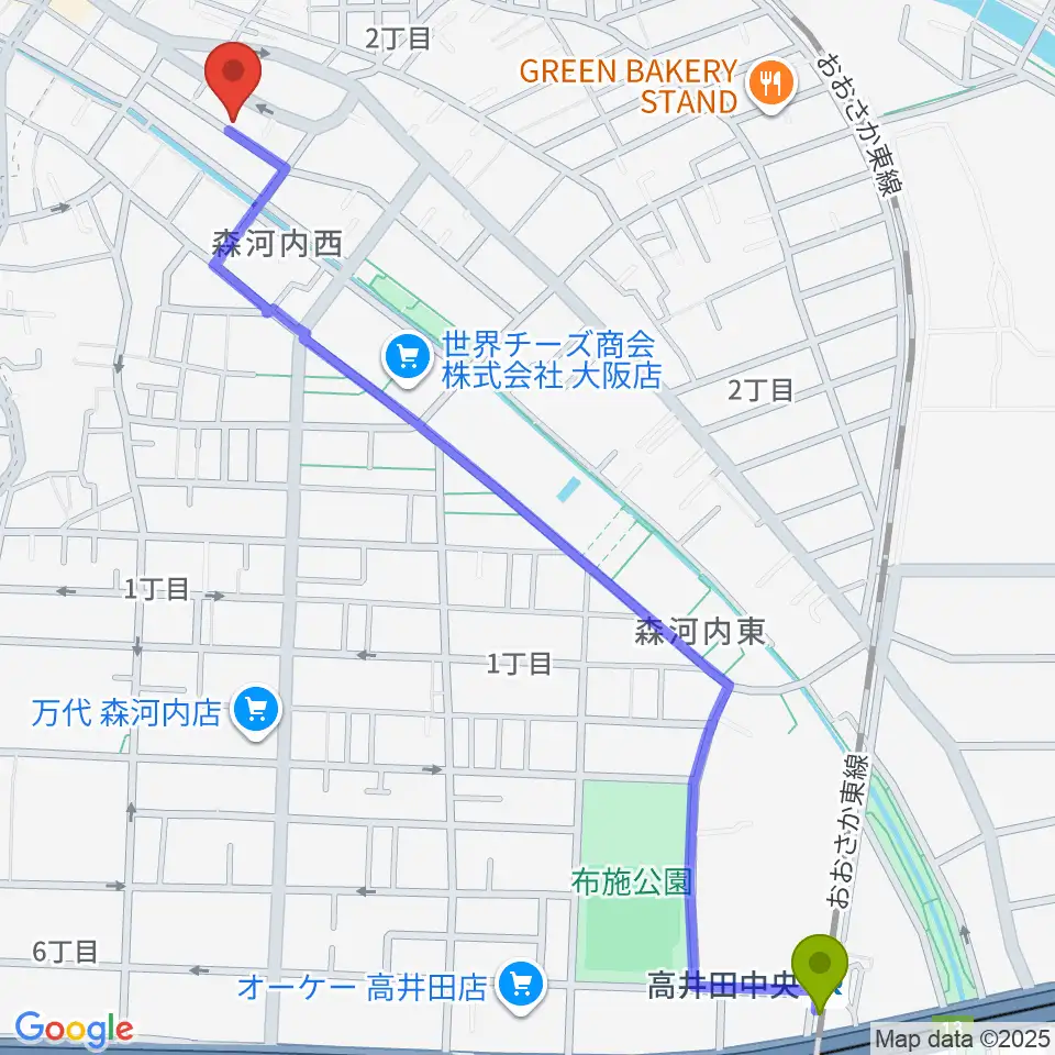 高井田中央駅から政田由紀ピアノ教室へのルートマップ地図