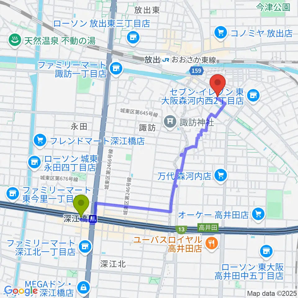 深江橋駅から政田由紀ピアノ教室へのルートマップ地図