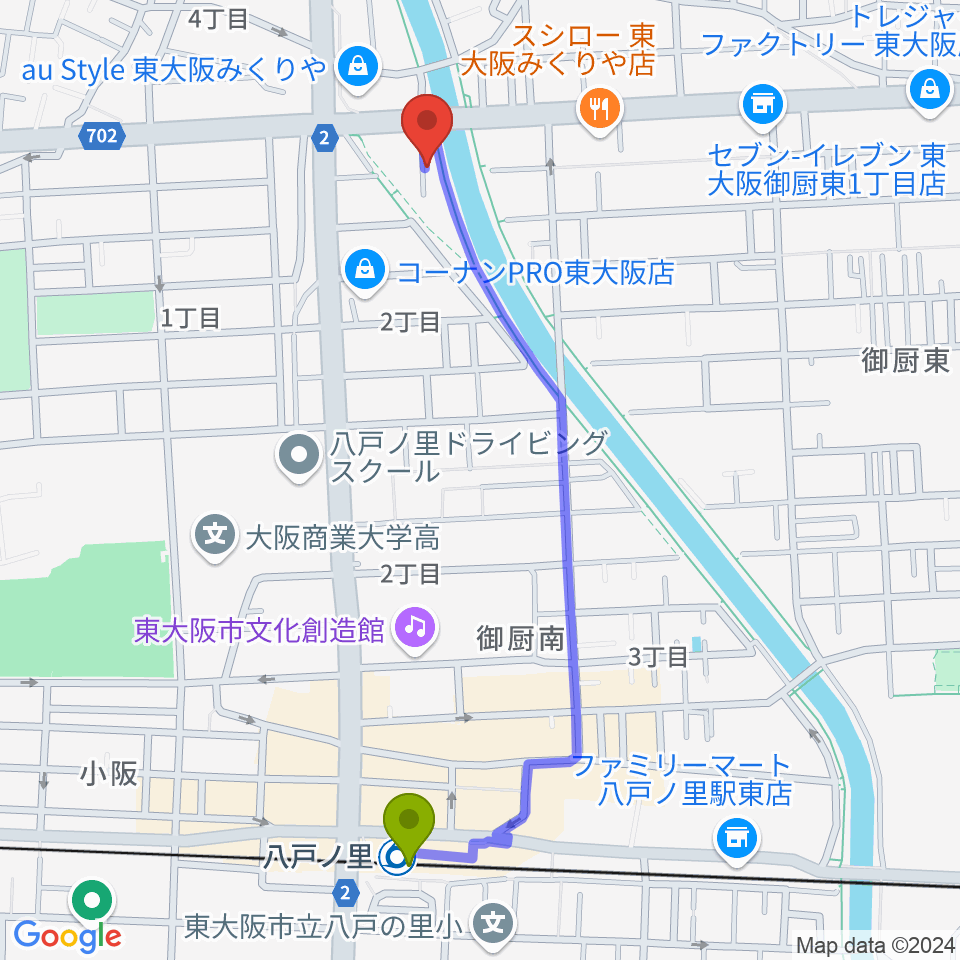 東大阪市ピアノ教室｜川崎音楽教室の最寄駅八戸ノ里駅からの徒歩ルート（約11分）地図