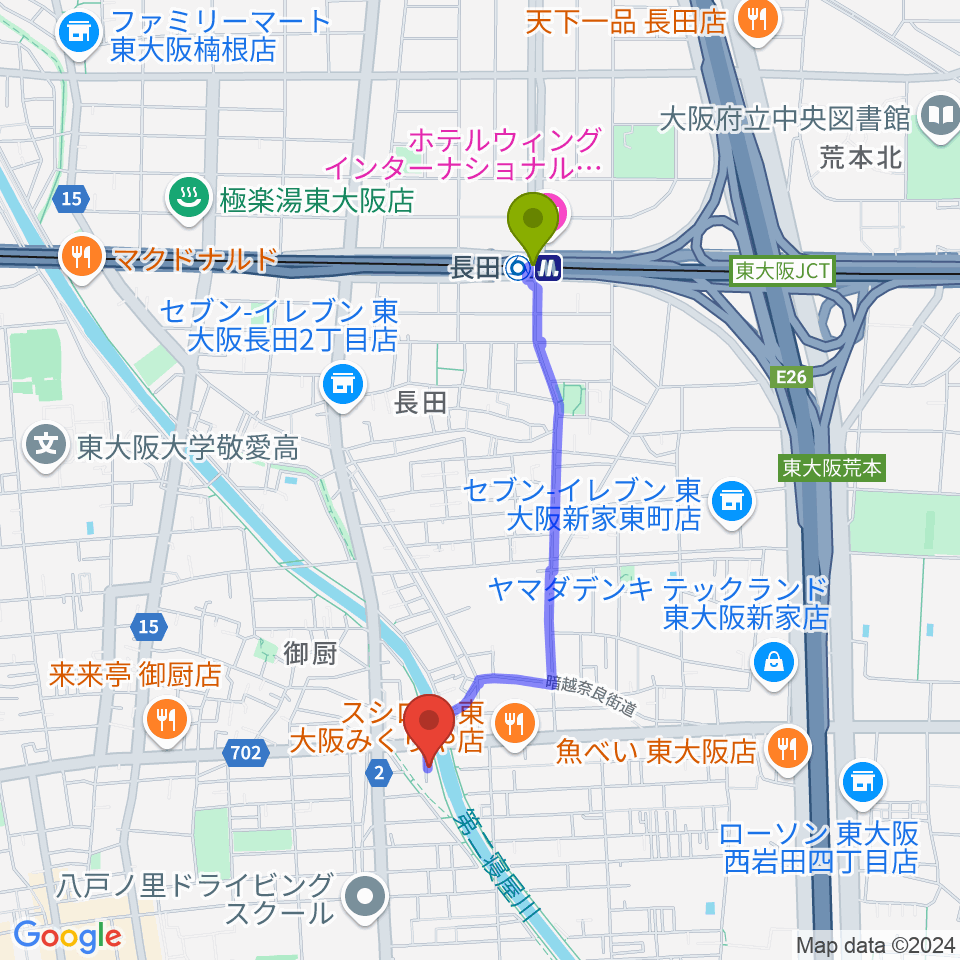 長田駅から東大阪市ピアノ教室｜川崎音楽教室へのルートマップ地図