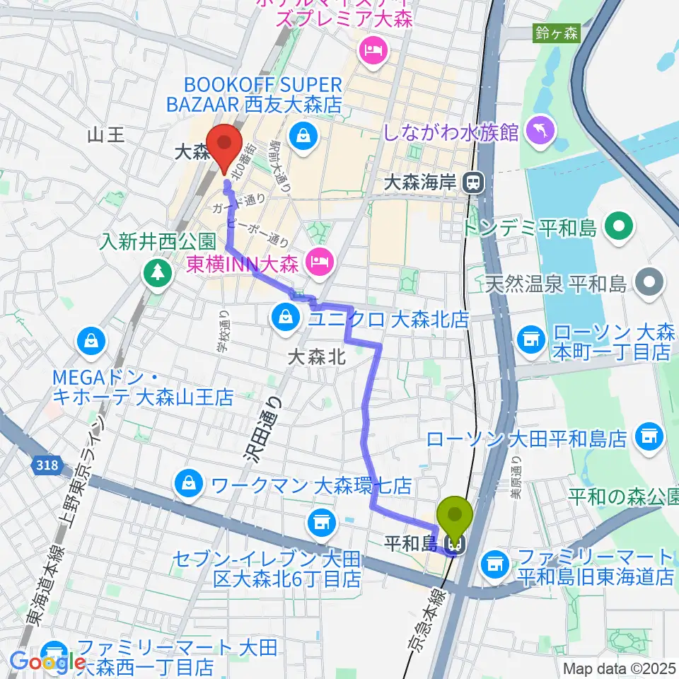 平和島駅からよみうりカルチャー大森へのルートマップ地図