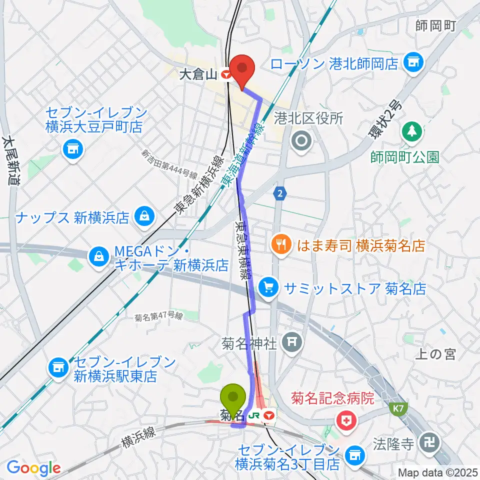 菊名駅から大倉山音楽美術センターへのルートマップ地図