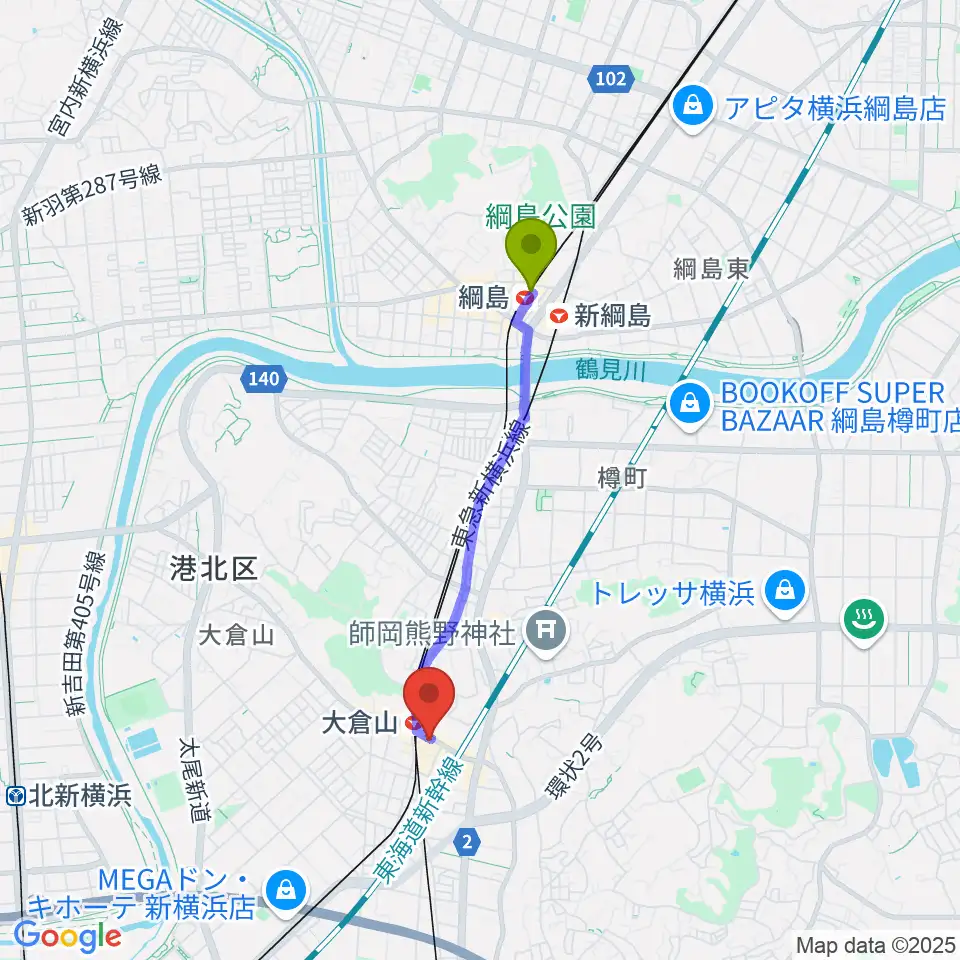 綱島駅から大倉山音楽美術センターへのルートマップ地図