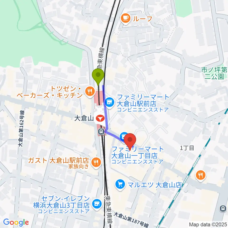 大倉山音楽美術センターの最寄駅大倉山駅からの徒歩ルート（約2分）地図