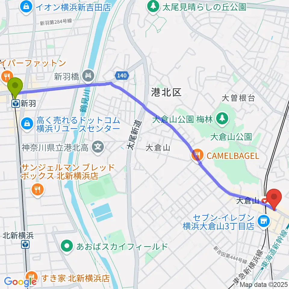 新羽駅から大倉山音楽美術センターへのルートマップ地図