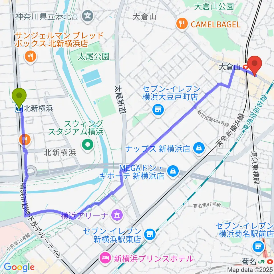 北新横浜駅から大倉山音楽美術センターへのルートマップ地図