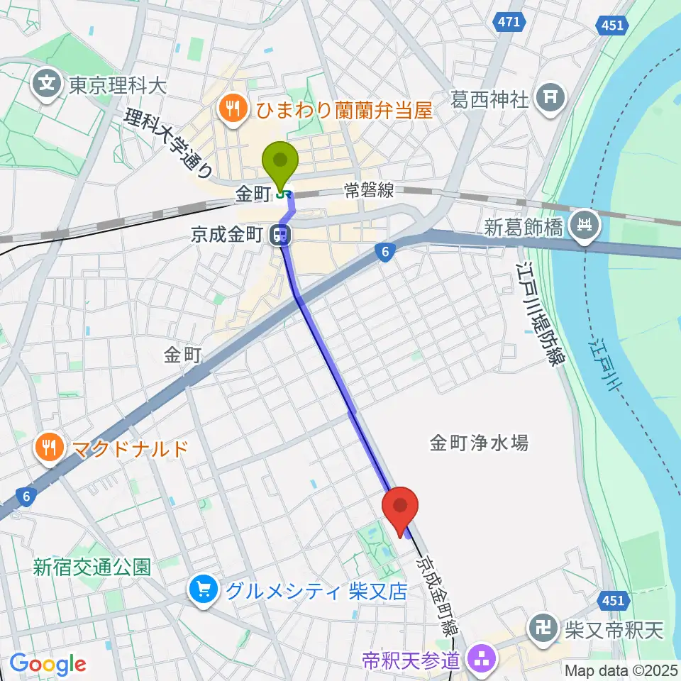 金町駅から田中音楽教室 金町公園前へのルートマップ地図