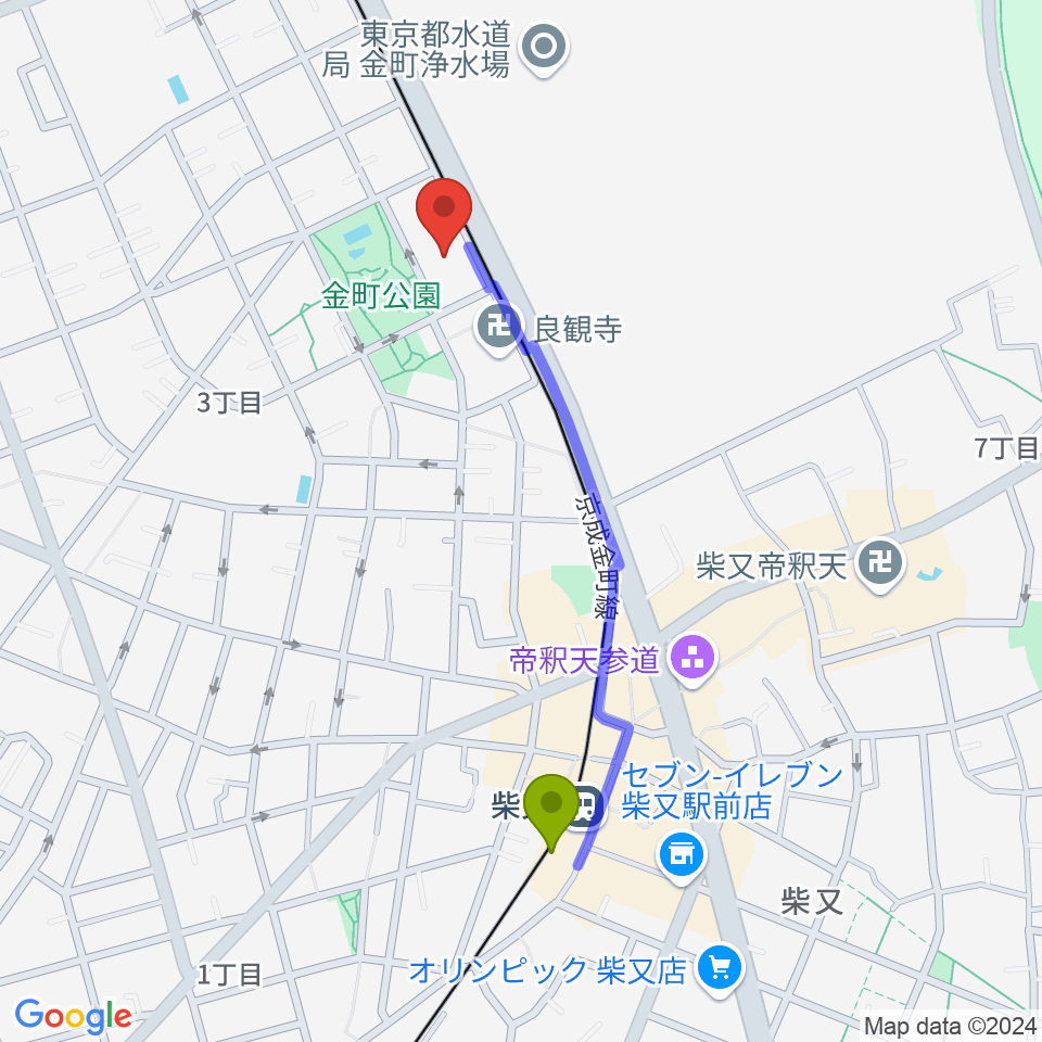 田中音楽教室 金町公園前の最寄駅柴又駅からの徒歩ルート（約9分）地図