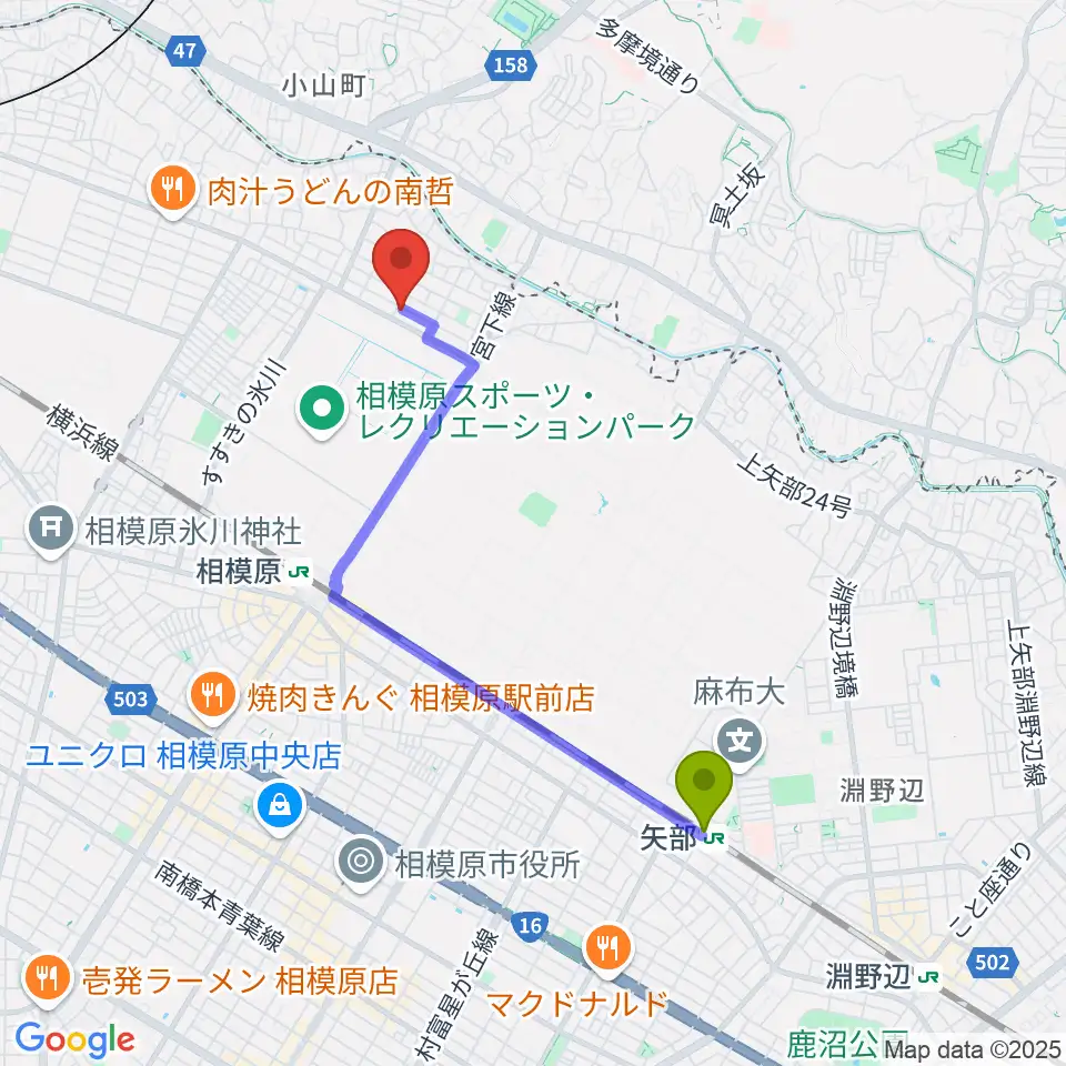 矢部駅から渡辺ヴァイオリン教室へのルートマップ地図