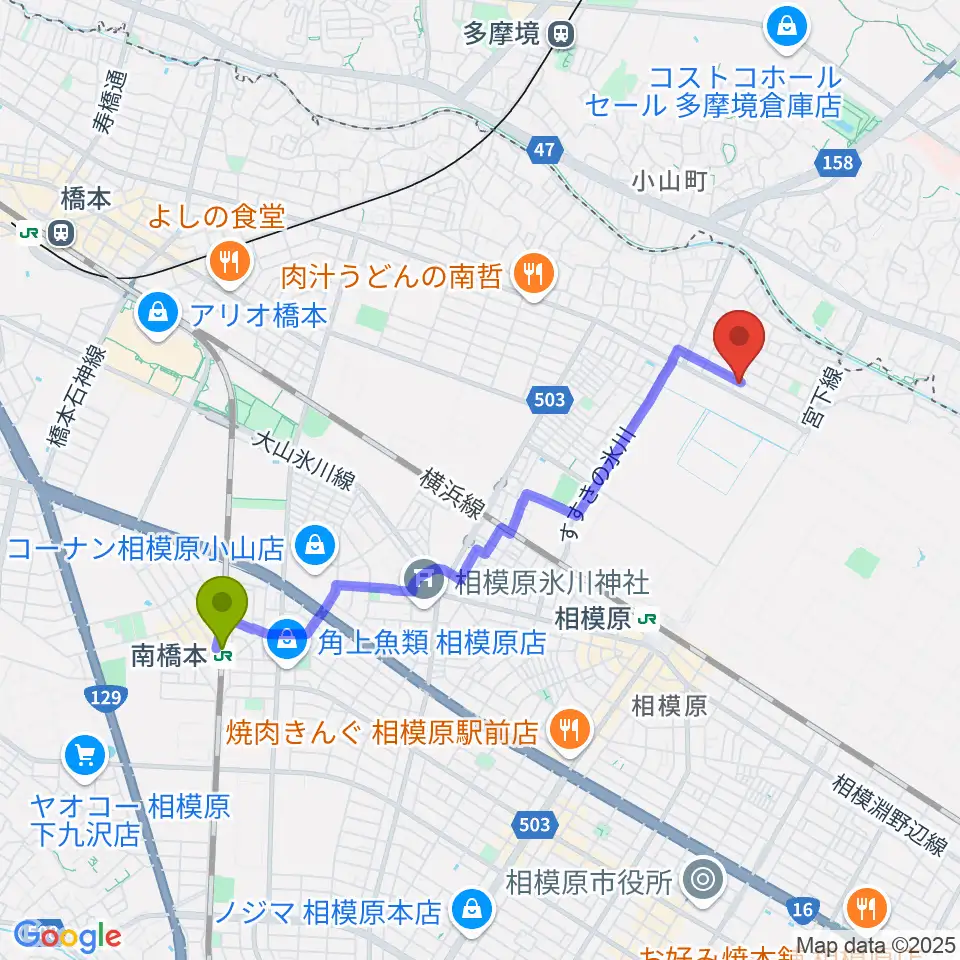 南橋本駅から渡辺ヴァイオリン教室へのルートマップ地図