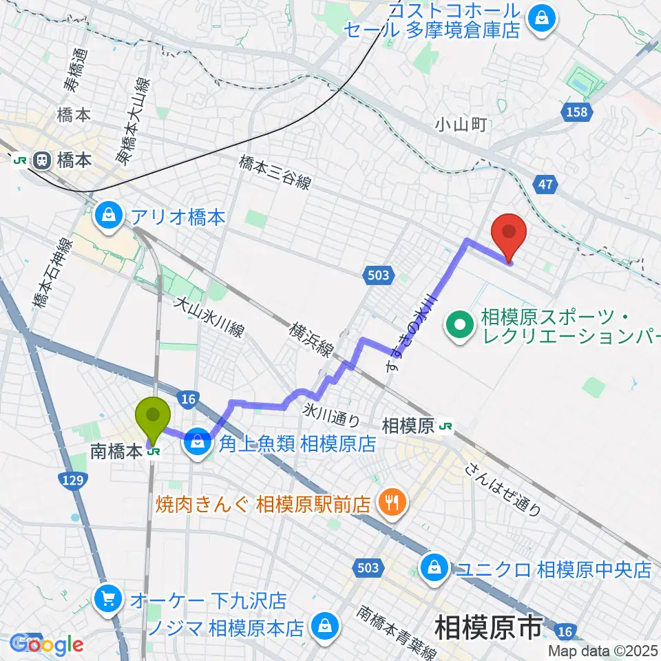 南橋本駅から渡辺ヴァイオリン教室へのルートマップ地図
