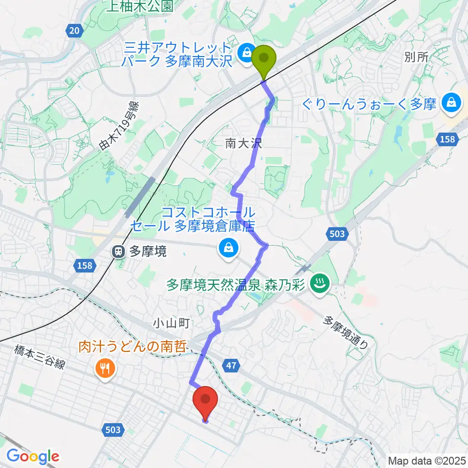 南大沢駅から渡辺ヴァイオリン教室へのルートマップ地図