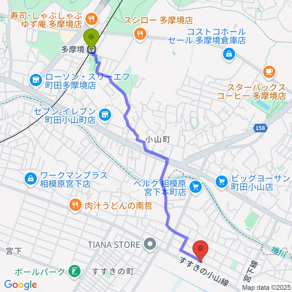 多摩境駅から渡辺ヴァイオリン教室へのルートマップ地図