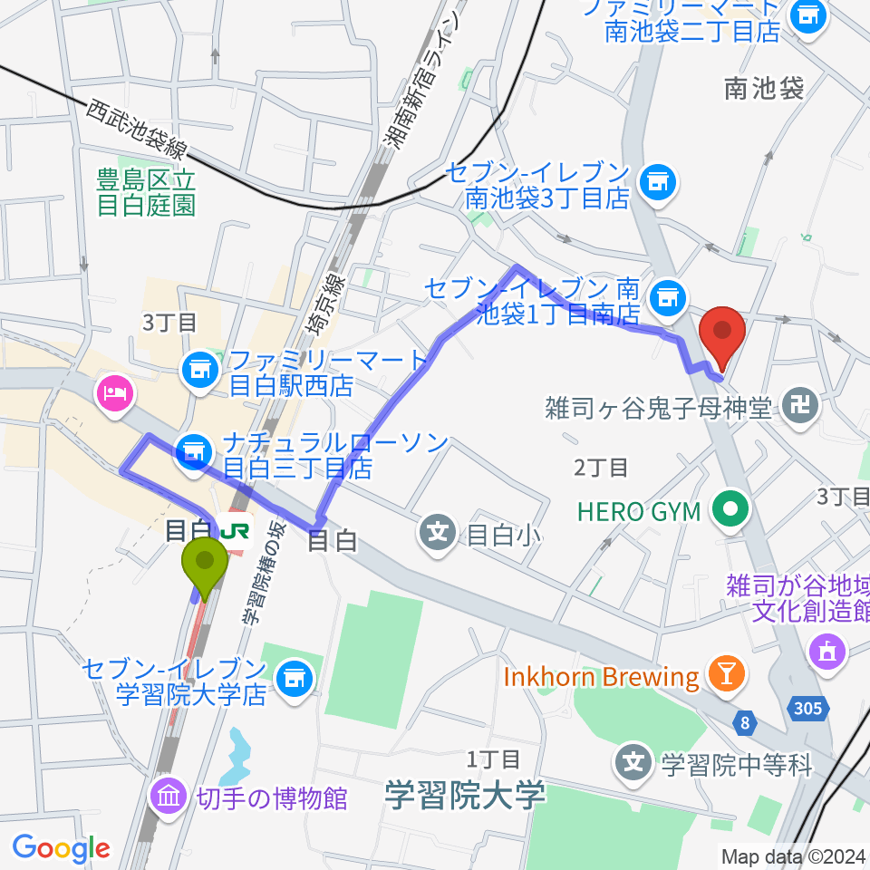 目白駅から東京音楽大学付属民族音楽研究所へのルートマップ地図