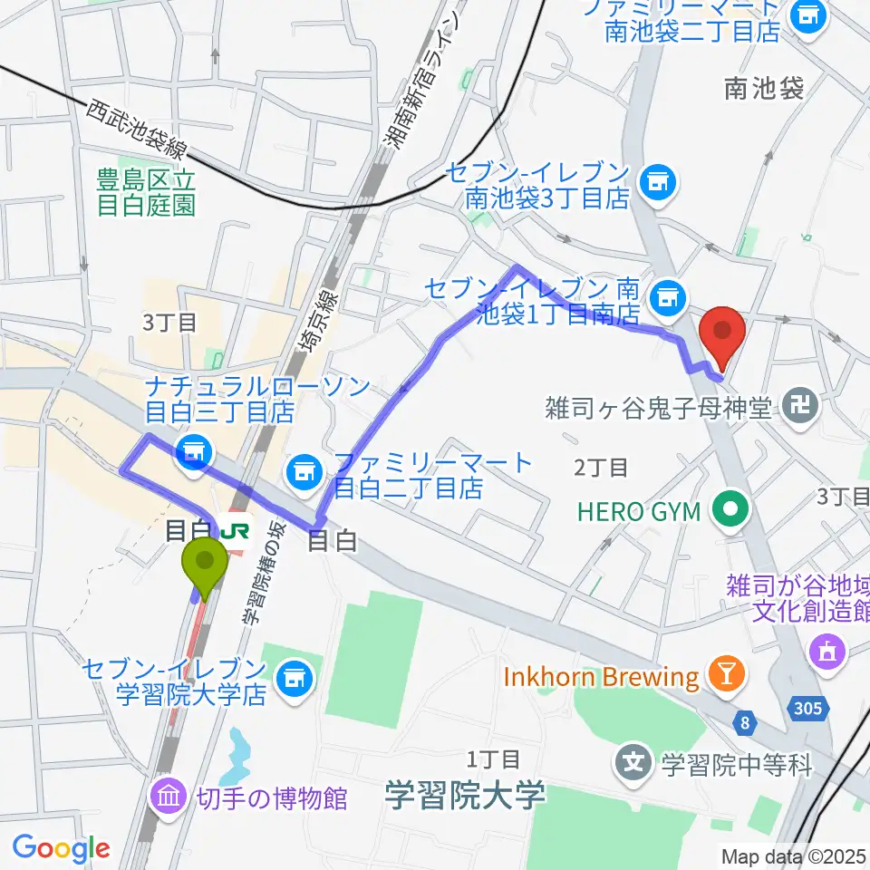 目白駅から東京音楽大学付属民族音楽研究所へのルートマップ地図