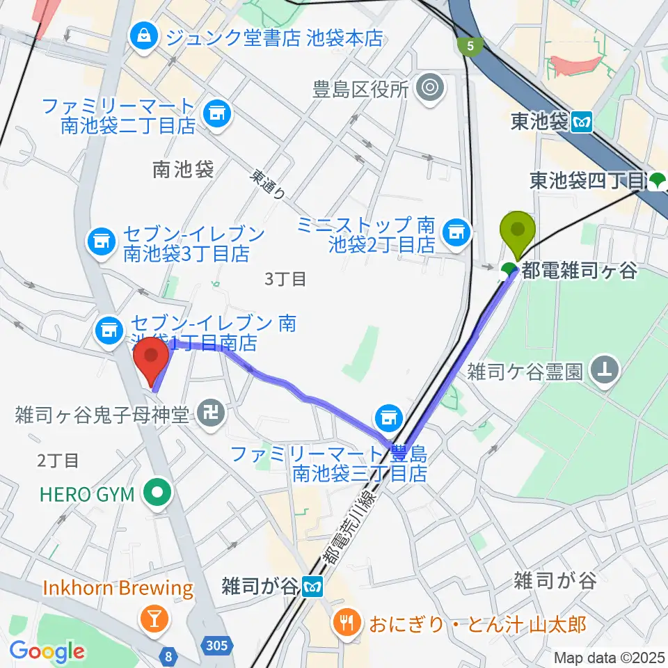 都電雑司ヶ谷駅から東京音楽大学付属民族音楽研究所へのルートマップ地図