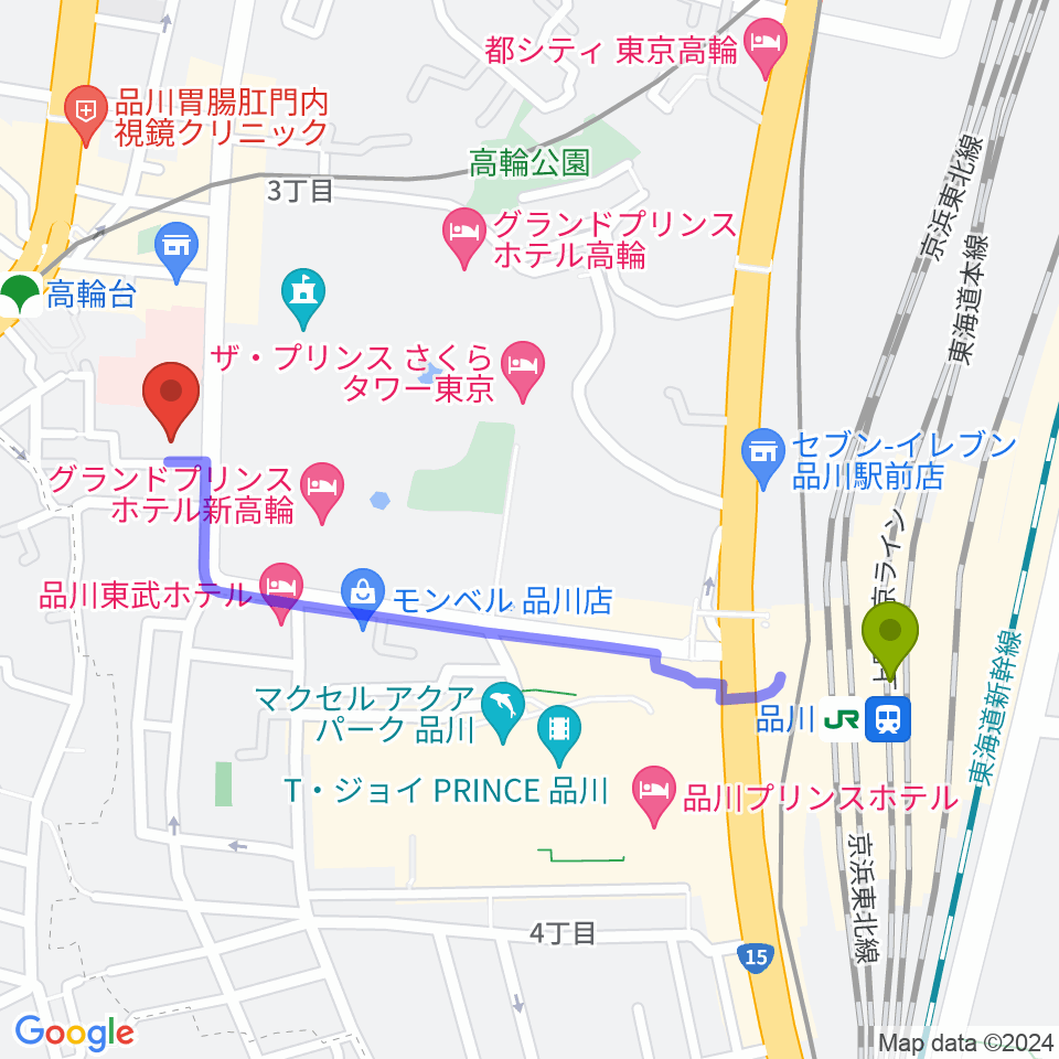 品川駅から地唄箏曲美緒野会へのルートマップ地図