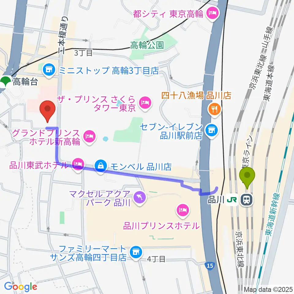 品川駅から地唄箏曲美緒野会へのルートマップ地図