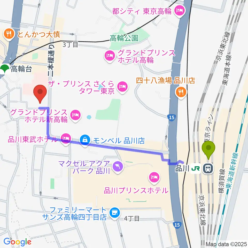 品川駅から地唄箏曲美緒野会へのルートマップ地図