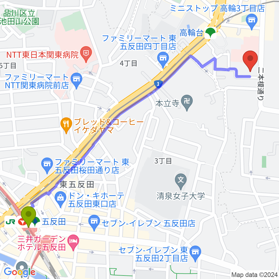 五反田駅から地唄箏曲美緒野会へのルートマップ地図