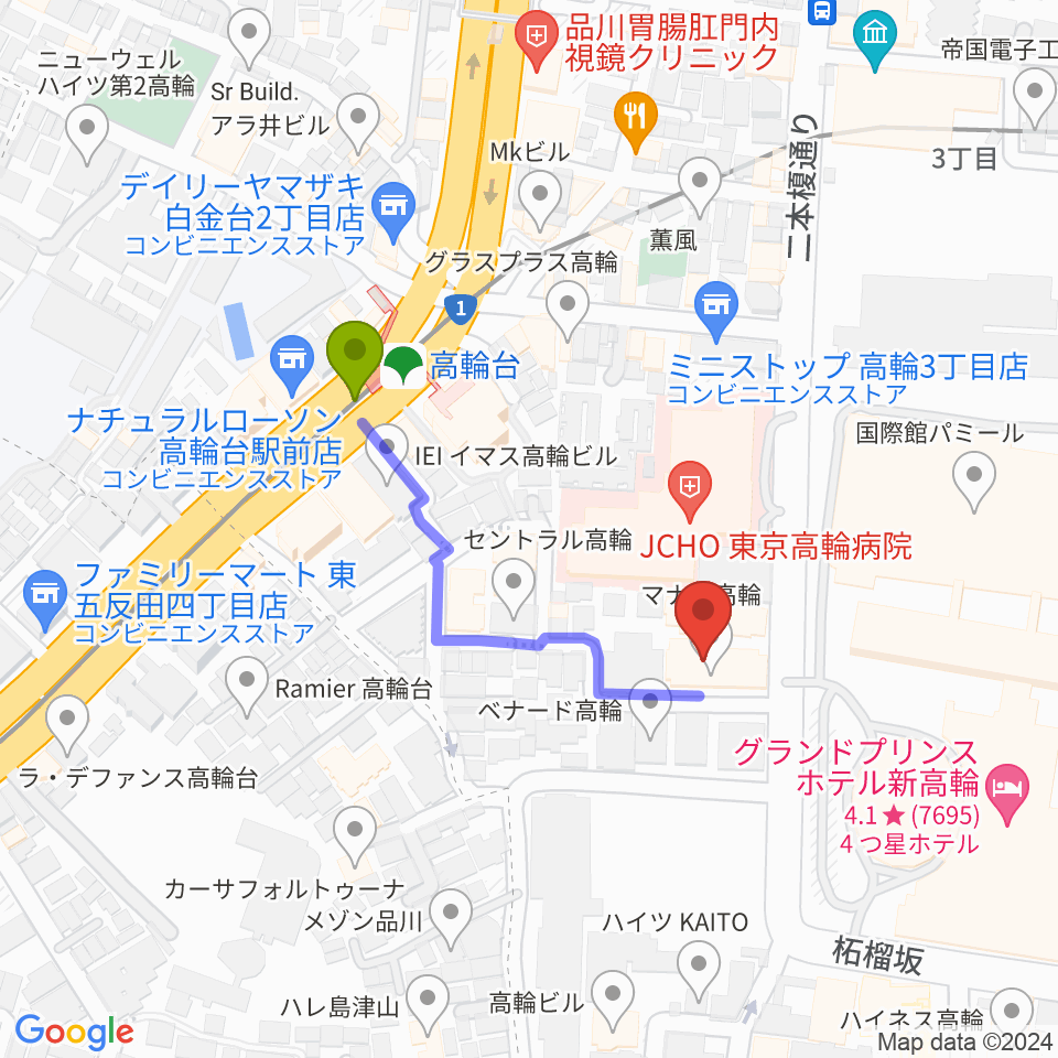 地唄箏曲美緒野会の最寄駅高輪台駅からの徒歩ルート（約3分）地図