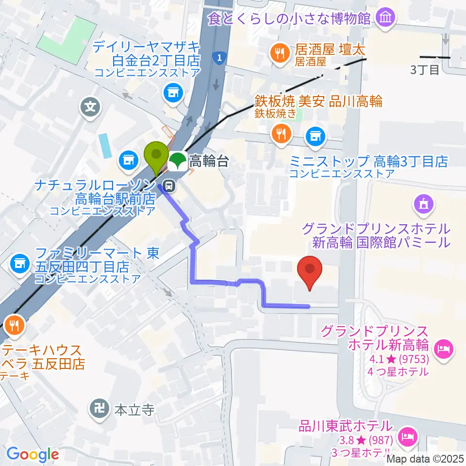 地唄箏曲美緒野会の最寄駅高輪台駅からの徒歩ルート（約3分）地図