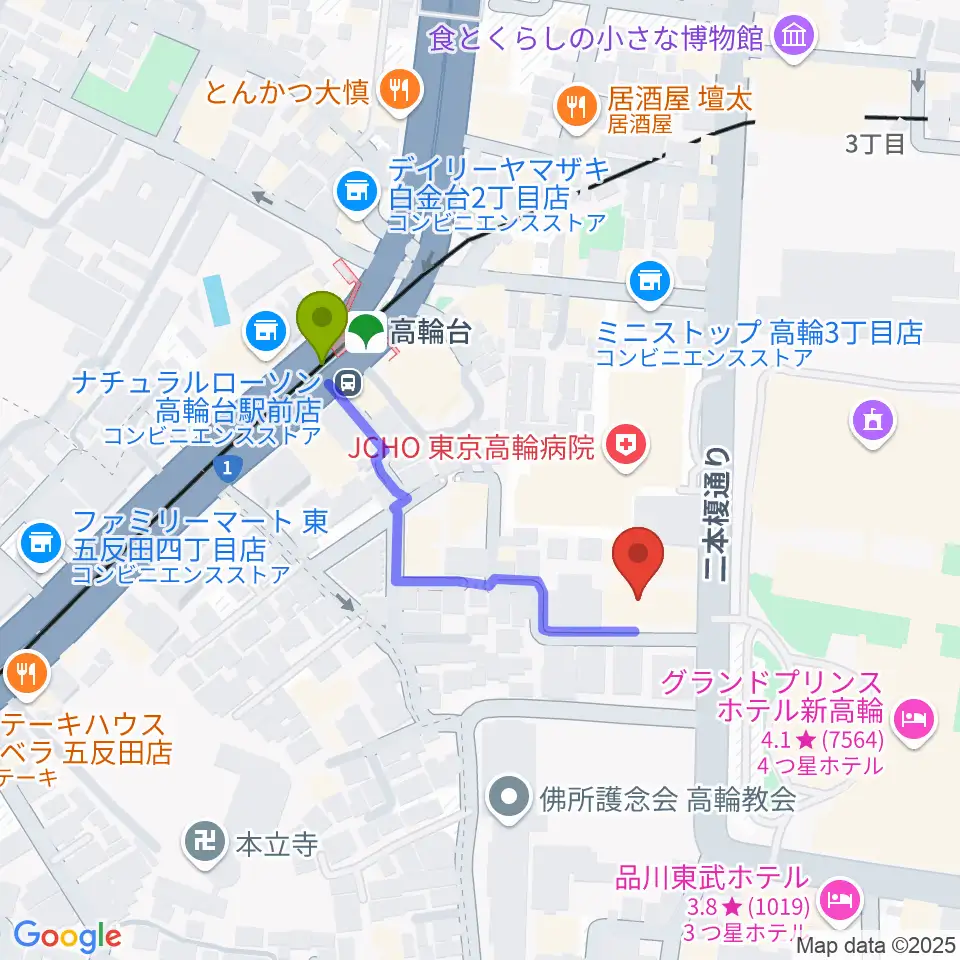 地唄箏曲美緒野会の最寄駅高輪台駅からの徒歩ルート（約3分）地図