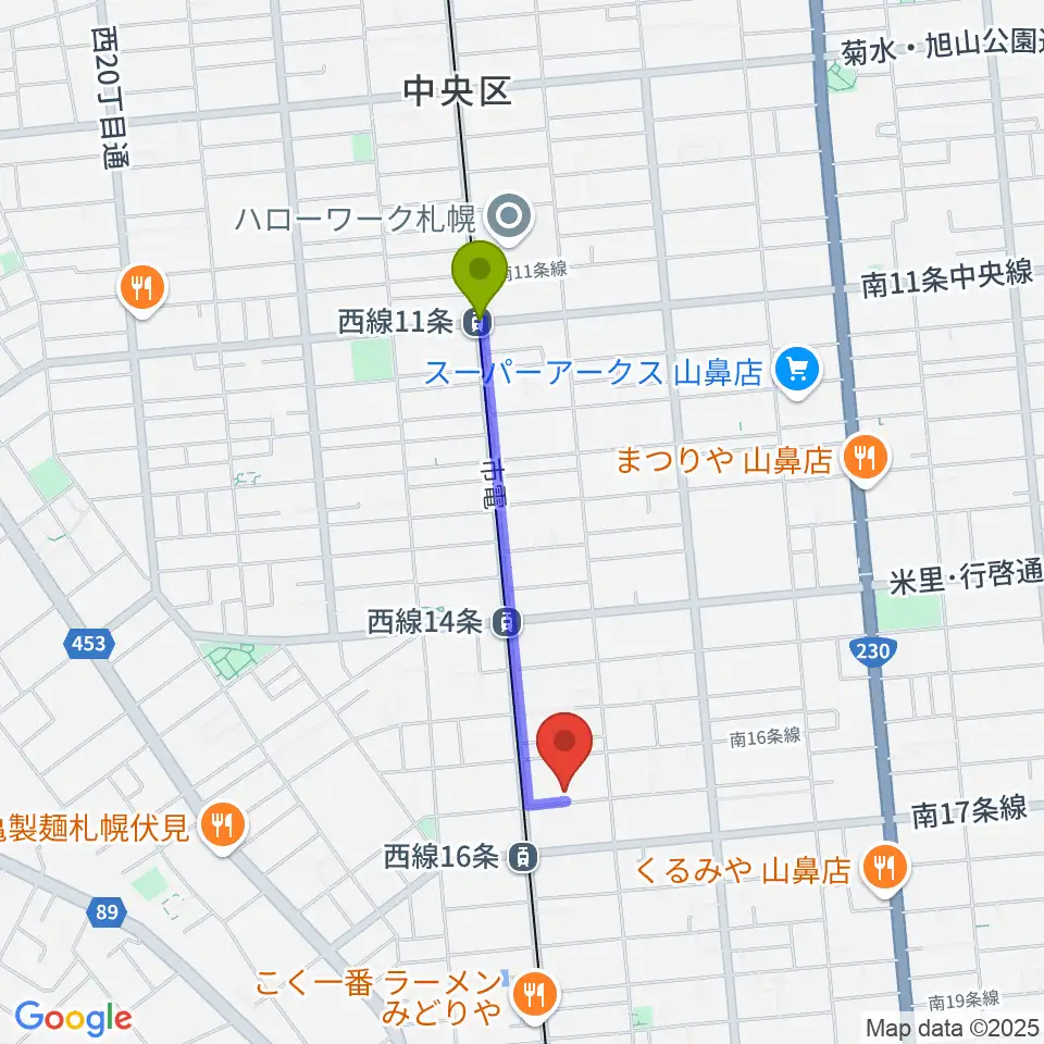 西線１１条駅から武田ヴァイオリン教室へのルートマップ地図