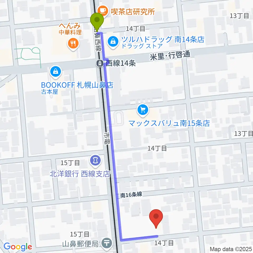 西線１４条駅から武田ヴァイオリン教室へのルートマップ地図