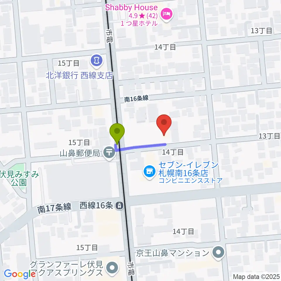 武田ヴァイオリン教室の最寄駅西線１６条駅からの徒歩ルート（約1分）地図