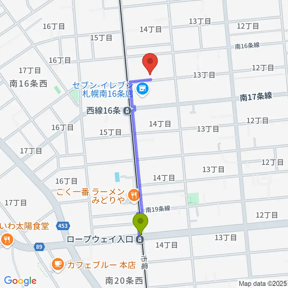 ロープウェイ入口駅から武田ヴァイオリン教室へのルートマップ地図