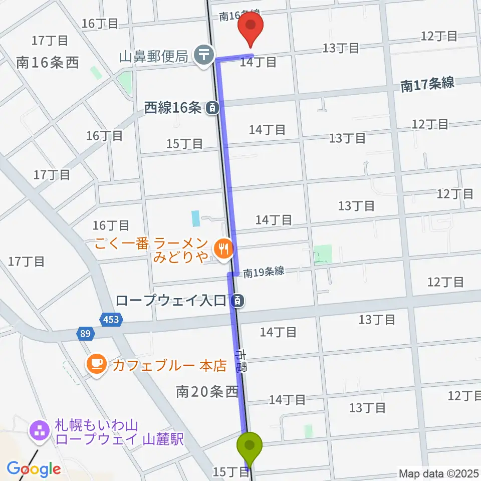 電車事業所前駅から武田ヴァイオリン教室へのルートマップ地図