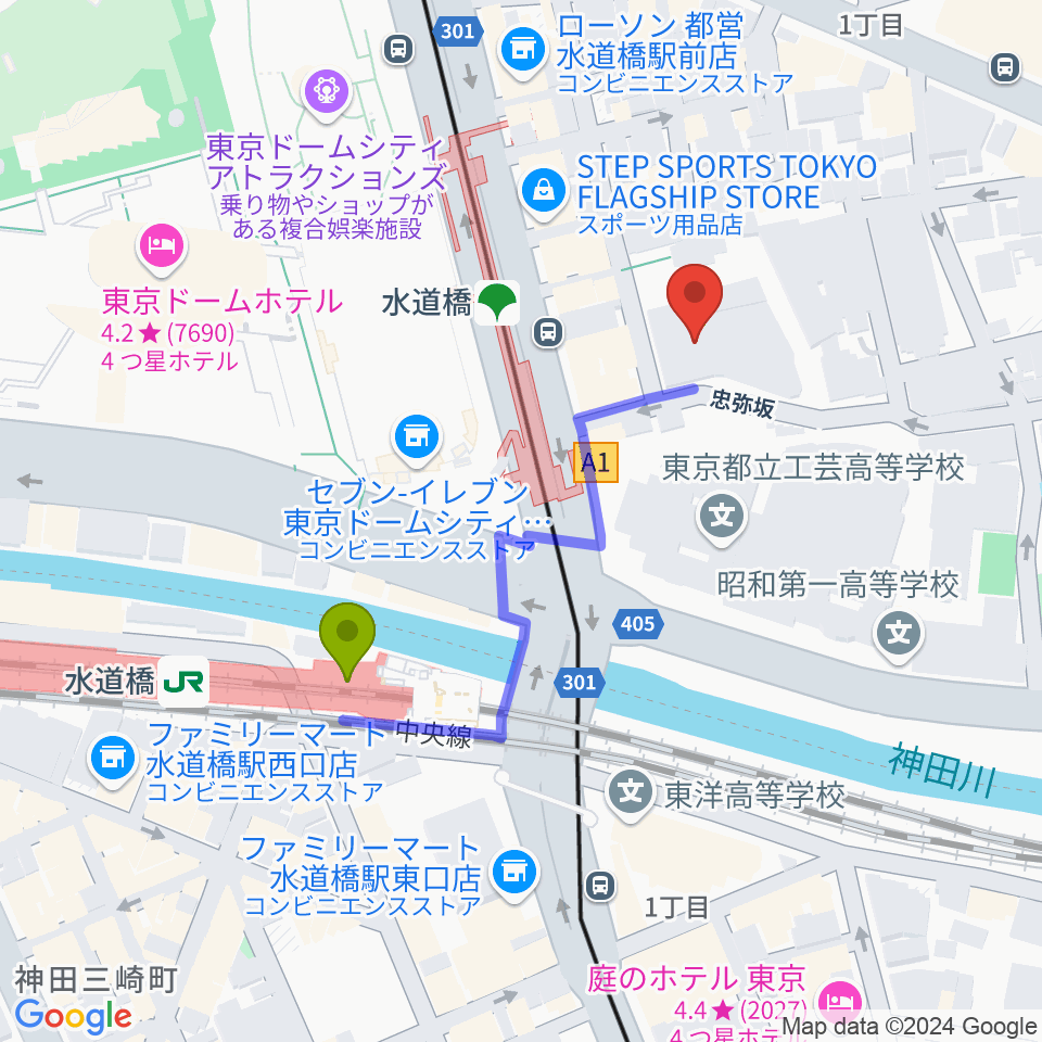 宝槻美代子音楽教室の最寄駅水道橋駅からの徒歩ルート（約4分）地図