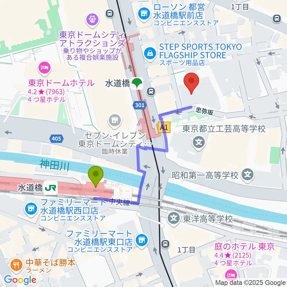 宝槻美代子音楽教室の最寄駅水道橋駅からの徒歩ルート（約4分）地図
