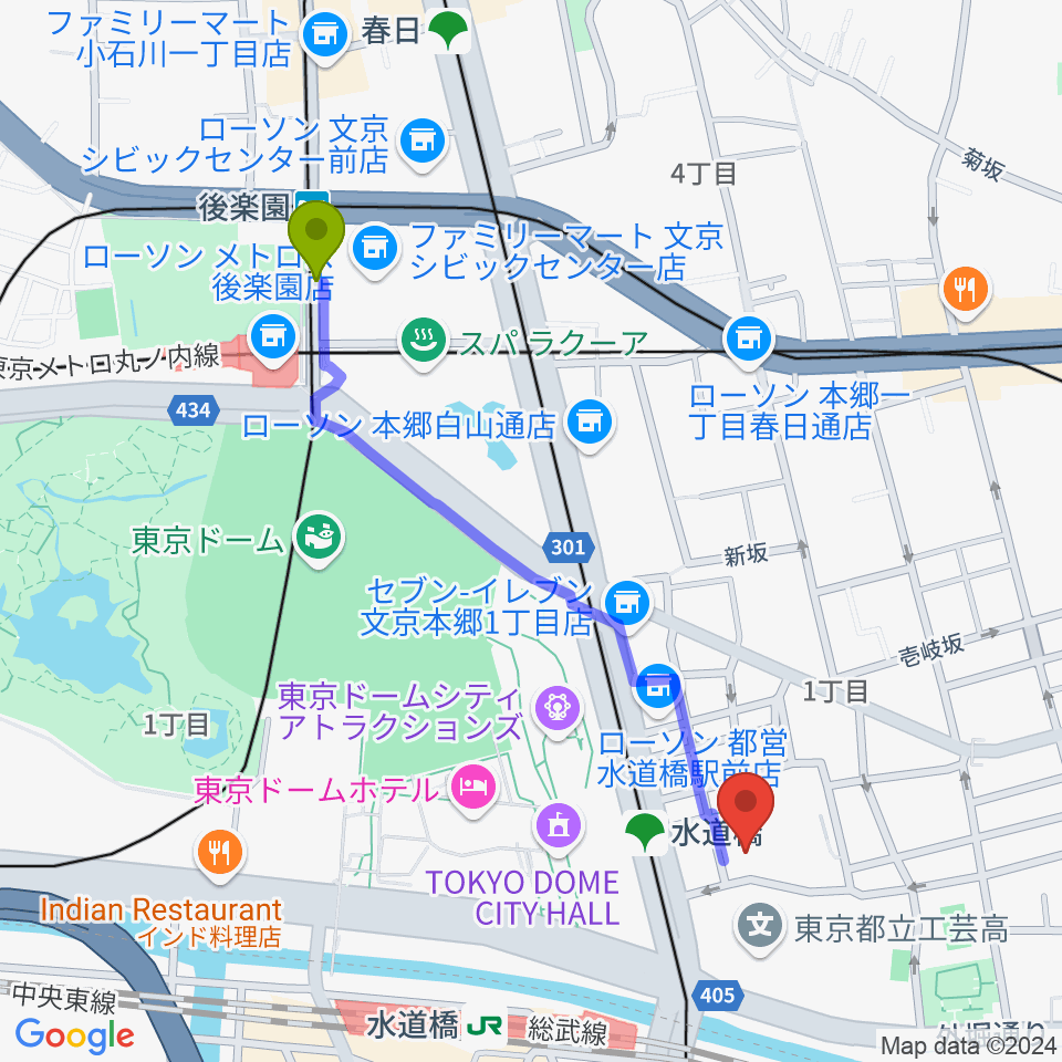 後楽園駅から宝槻美代子音楽教室へのルートマップ地図