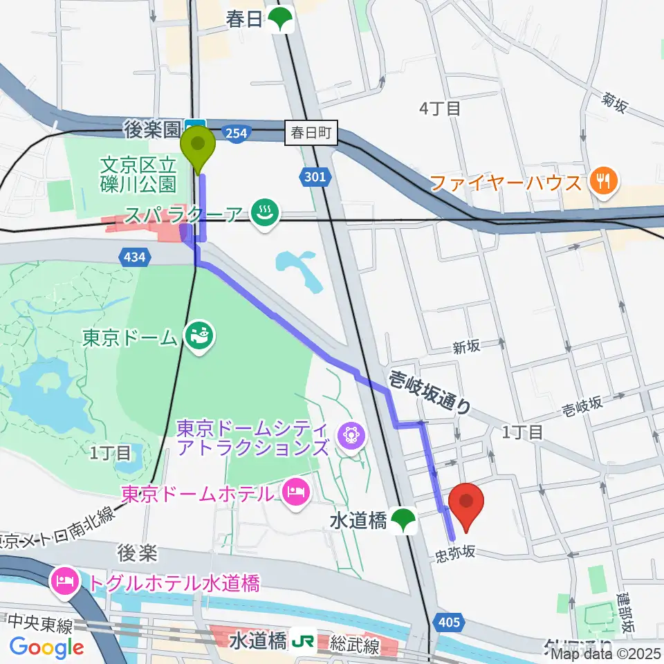 後楽園駅から宝槻美代子音楽教室へのルートマップ地図