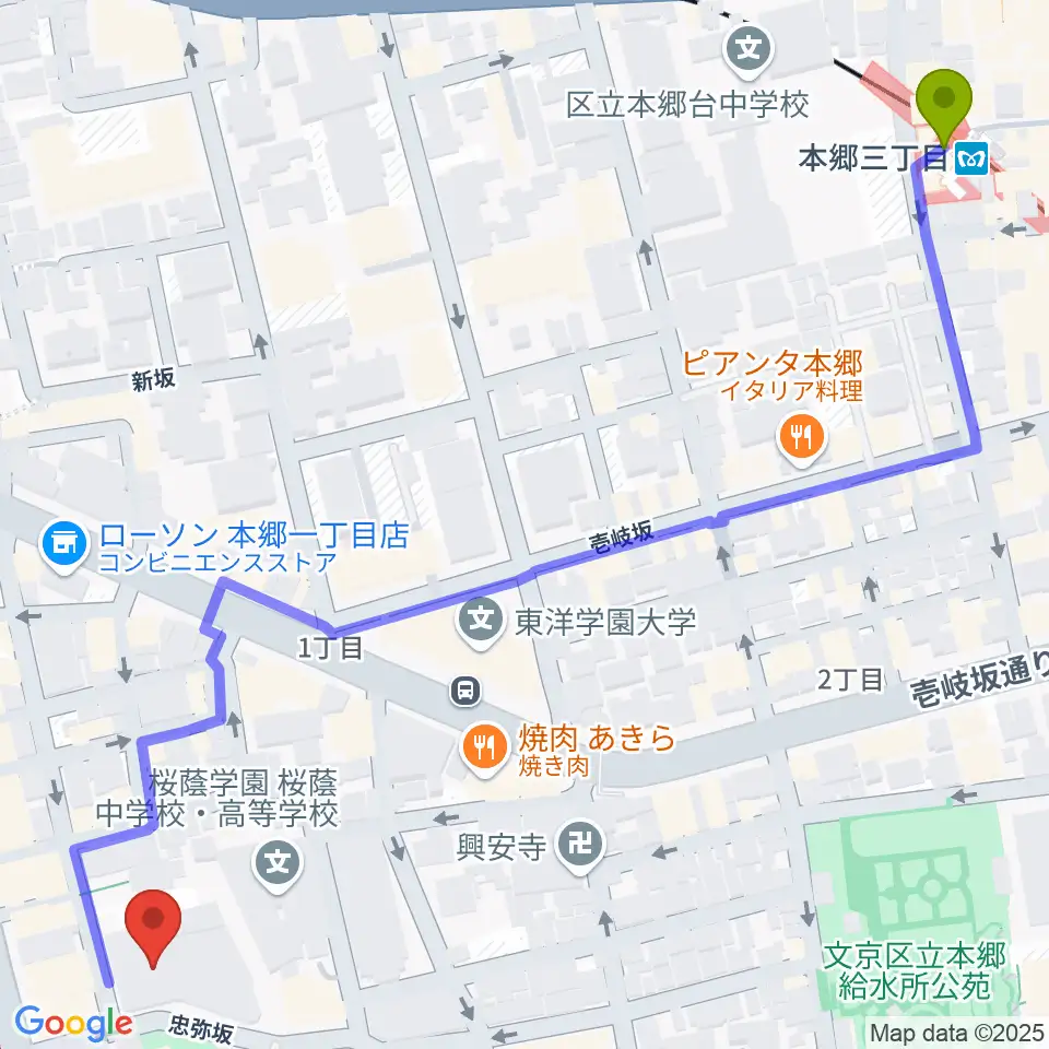 本郷三丁目駅から宝槻美代子音楽教室へのルートマップ地図