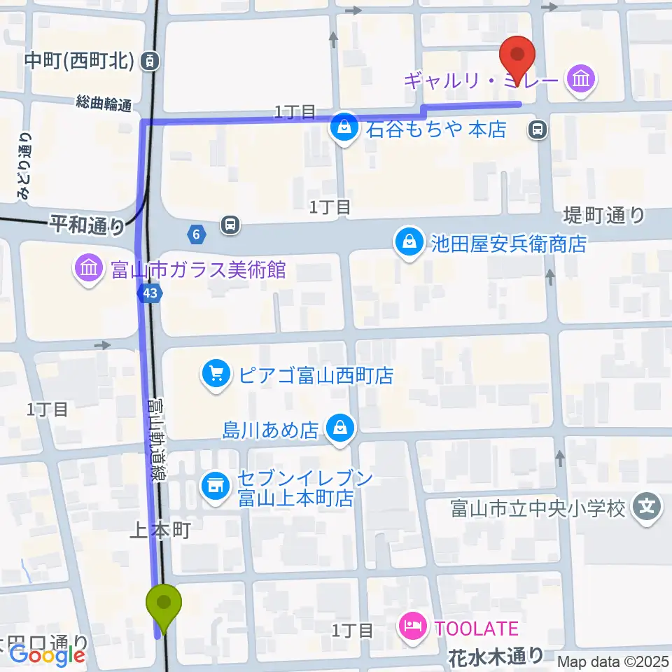 上本町駅から友井音楽教室へのルートマップ地図