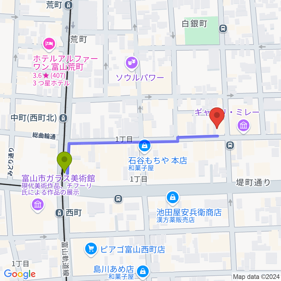 西町駅から友井音楽教室へのルートマップ地図