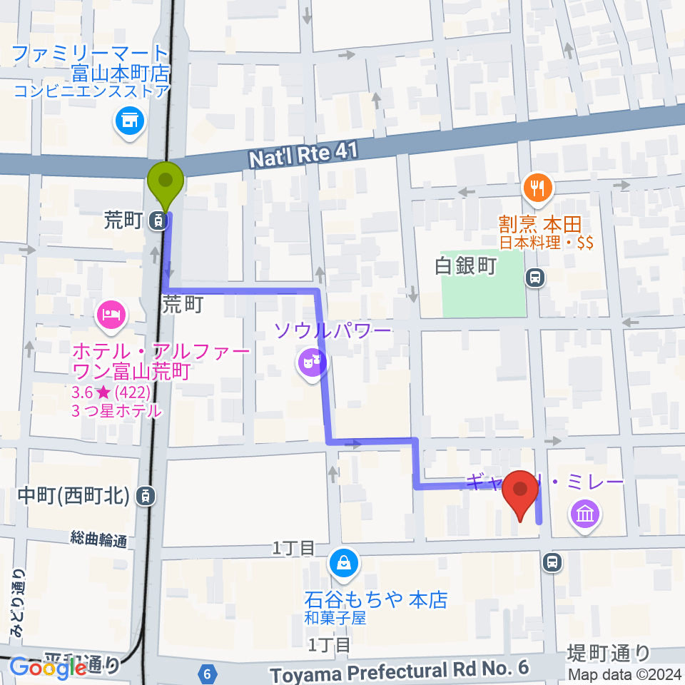 荒町駅から友井音楽教室へのルートマップ地図