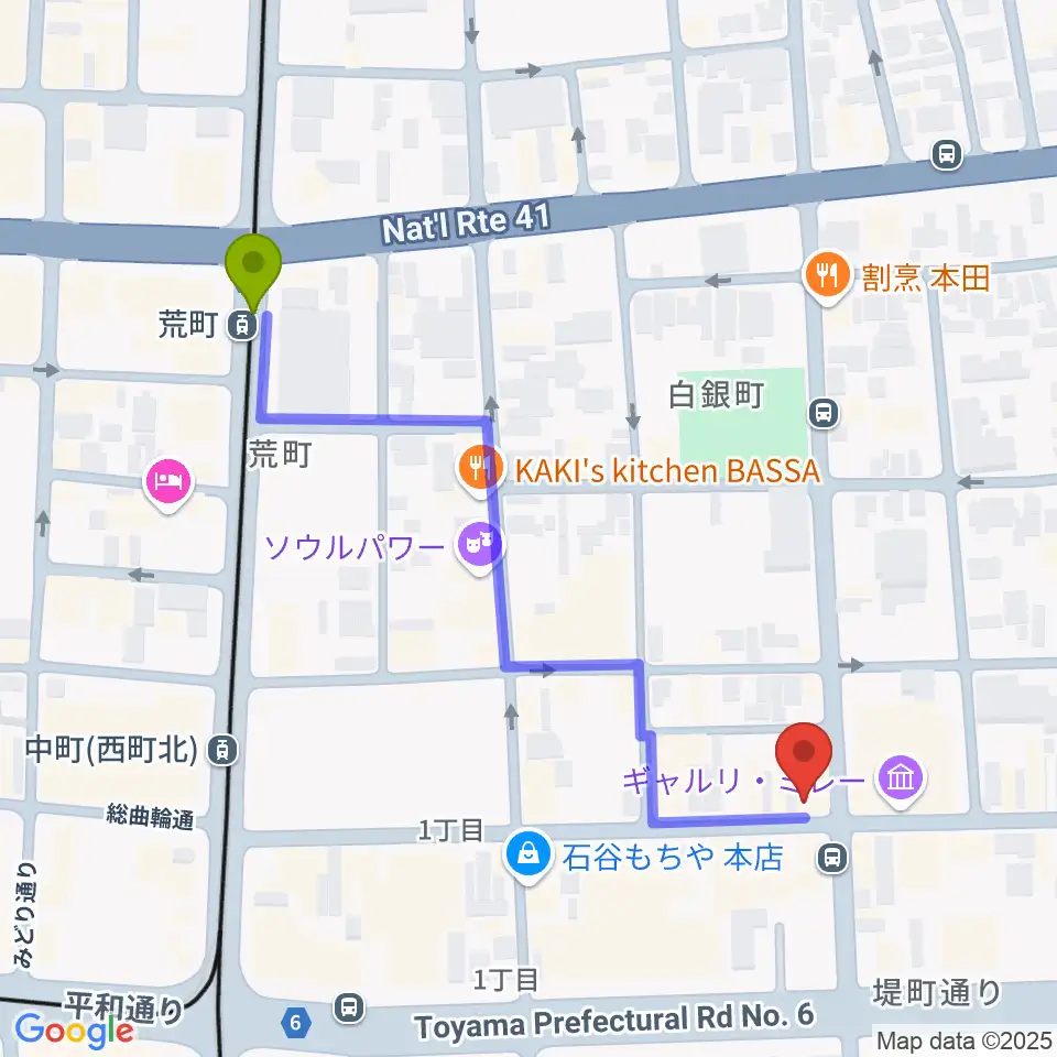 荒町駅から友井音楽教室へのルートマップ地図