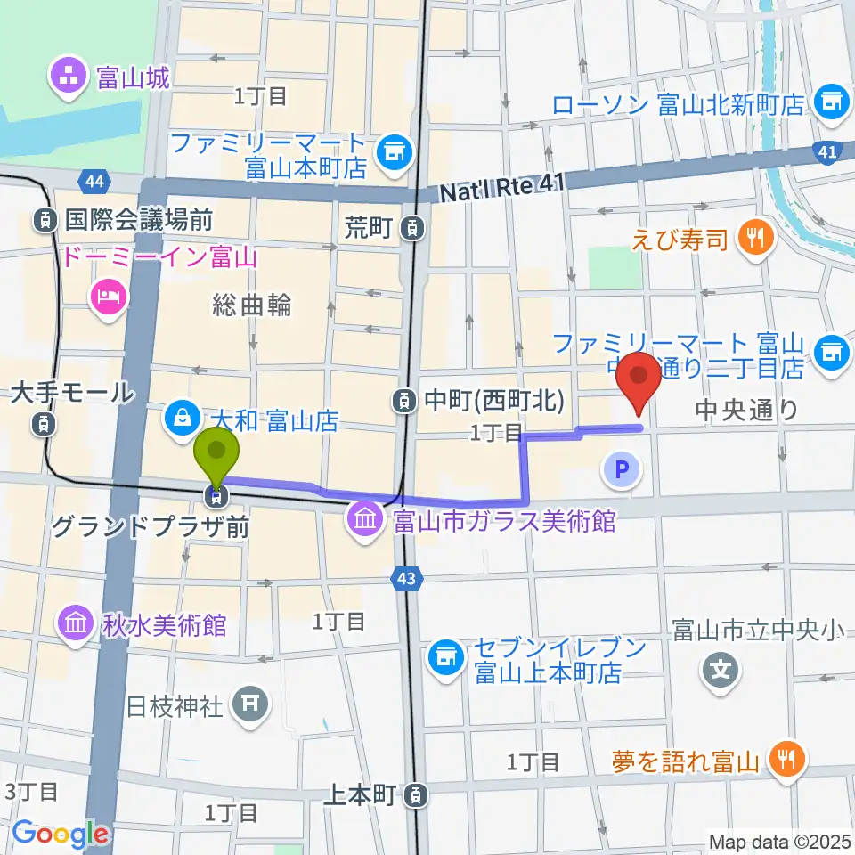 グランドプラザ前駅から友井音楽教室へのルートマップ地図