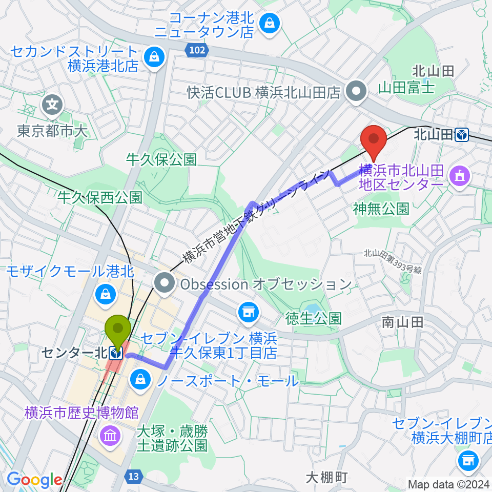 センター北駅から立花音楽教室へのルートマップ地図