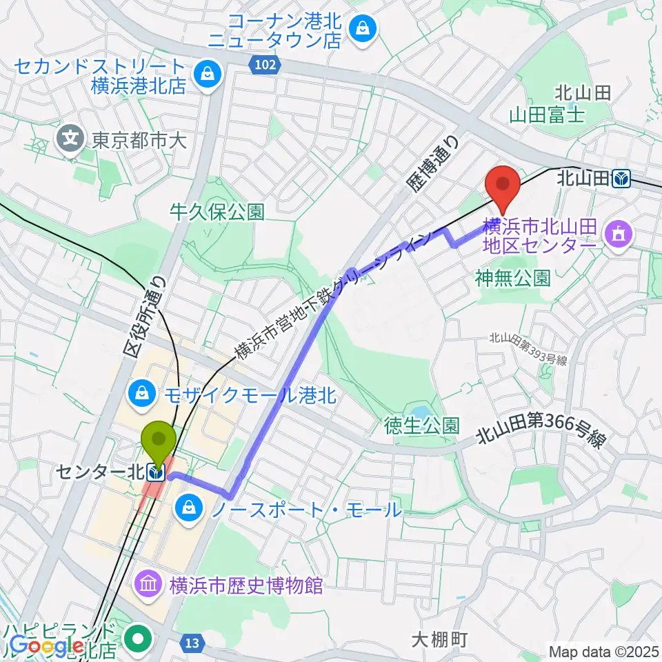 センター北駅から立花音楽教室へのルートマップ地図