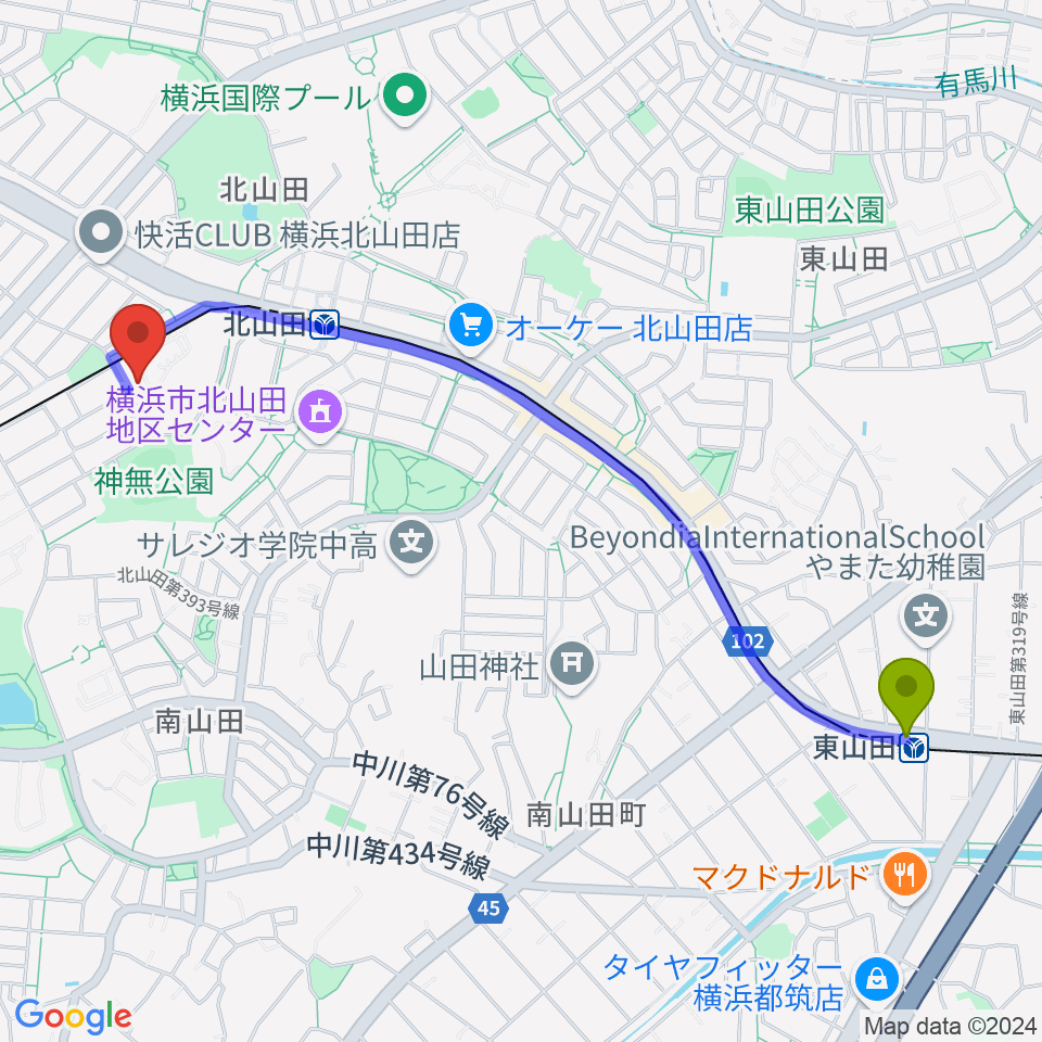 東山田駅から立花音楽教室へのルートマップ地図