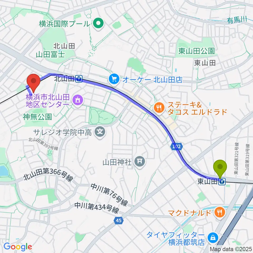 東山田駅から立花音楽教室へのルートマップ地図