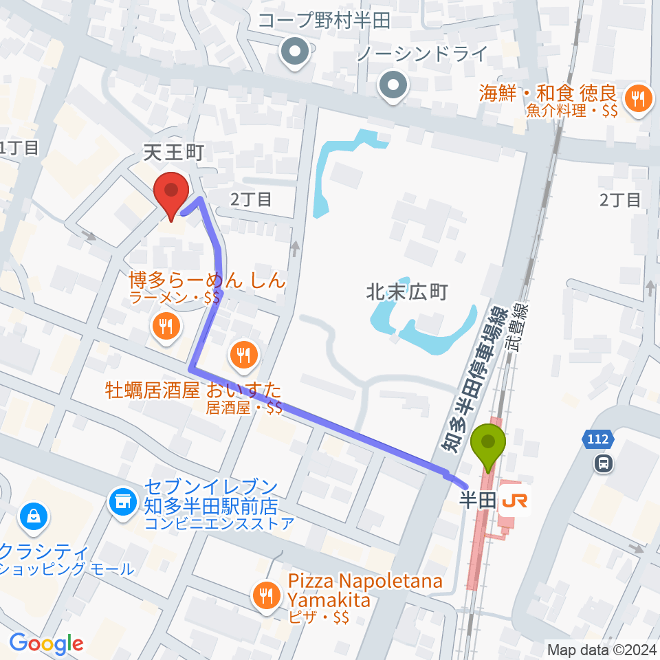 半田駅からマツイシ楽器 半田ミュージックセンターへのルートマップ地図